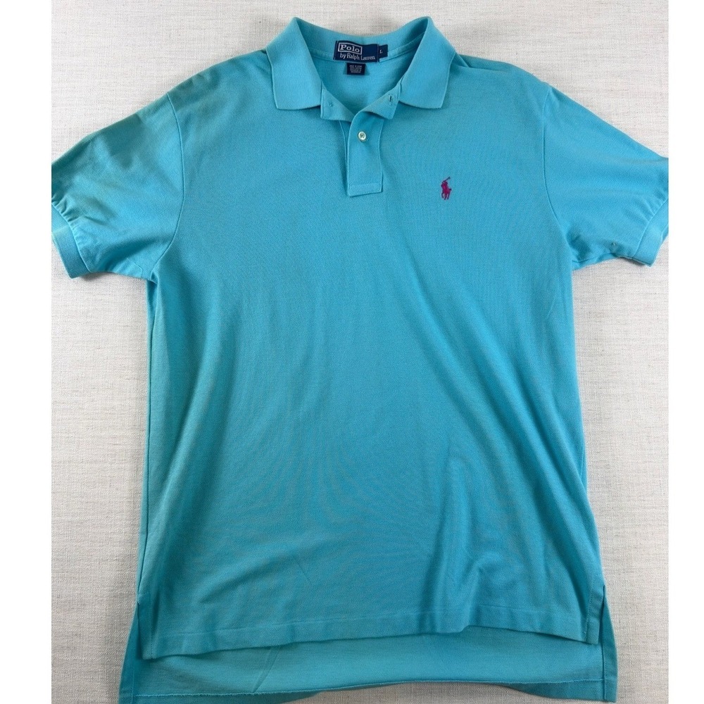 Polo Ralph Lauren Mens Large Turquoise Blue Pique Cotton Short Sleeve Polo Shirt